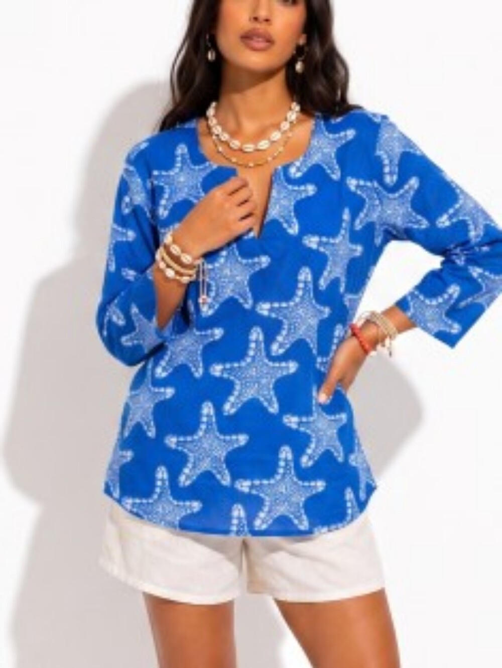 Kikisol Cotton Blue White Starfish Sea Star Print 3/4 Sleeve V-Neck Tunic Top